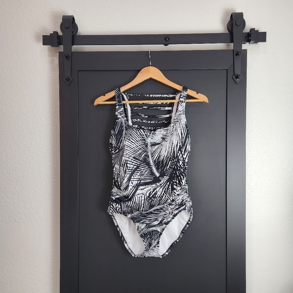 Aqua Green One Piece Swimsuit Black White Palm Print Size Medium - Picture 3 of 8